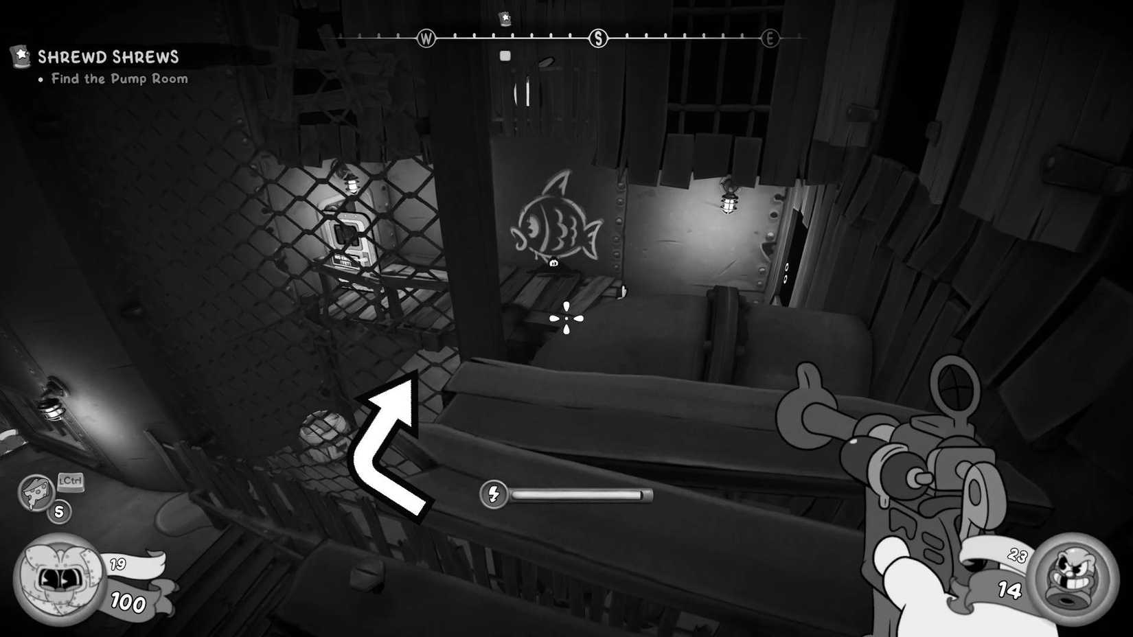 The player in Mouse: P.I. For Hire standing on the wooden ledge looking at the path towards the 1234 code with an arrow pointing the reader where to go.