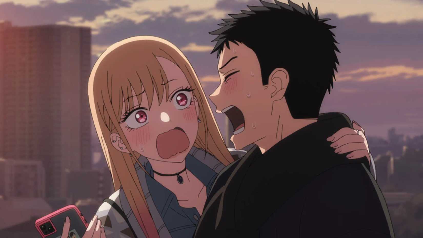 A shot from the My Dress Up Darling Season 2 Anime Finale showing the protagonists flustered