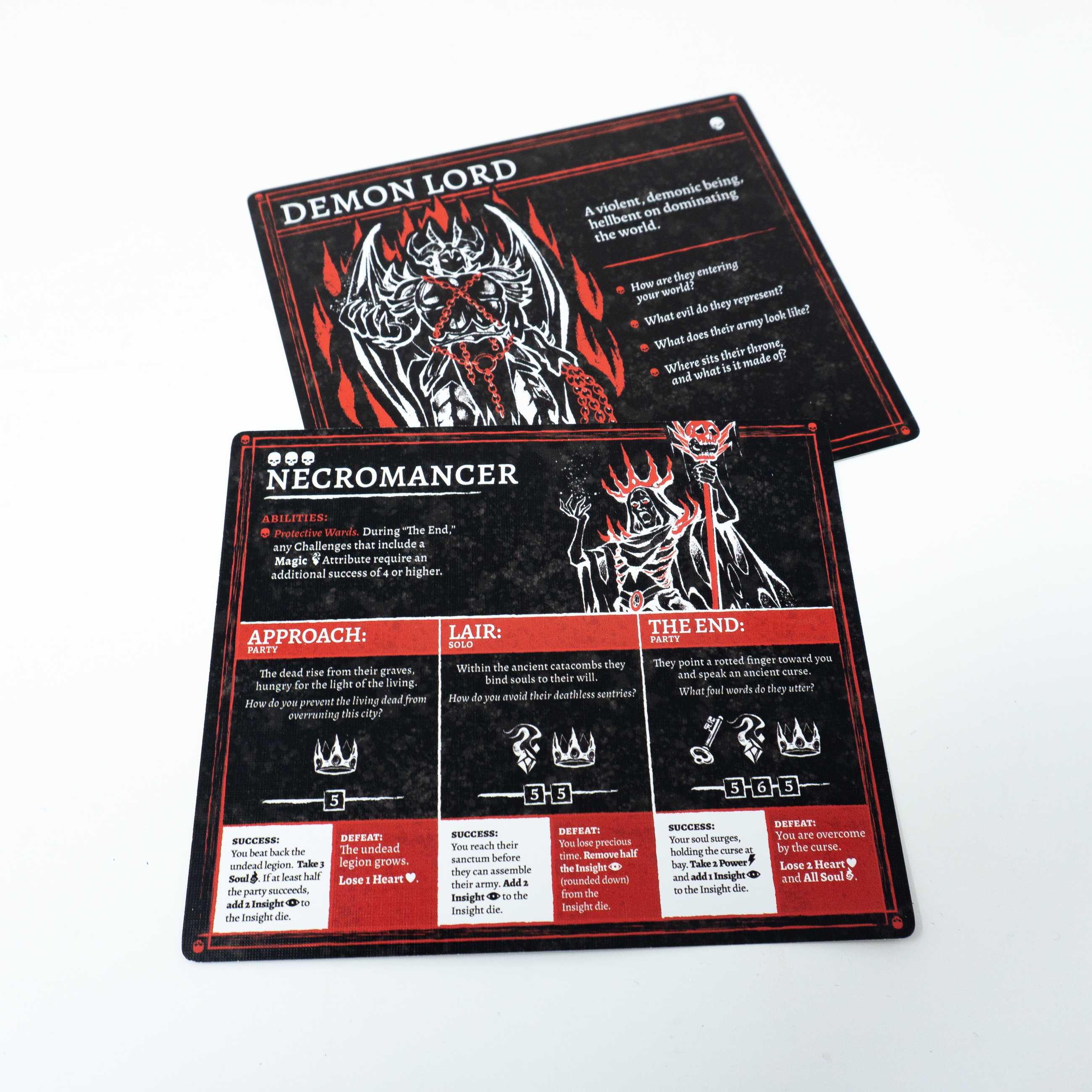 Nemesis Cards for the TTRPG One Last Fight, showing the Necromancer and Demon Lord villains, and their various event encounters