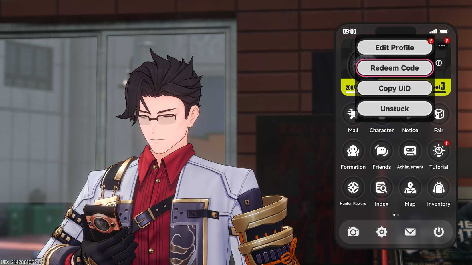 Adler in Neverness to Everness, and next to him is the code redeem menu