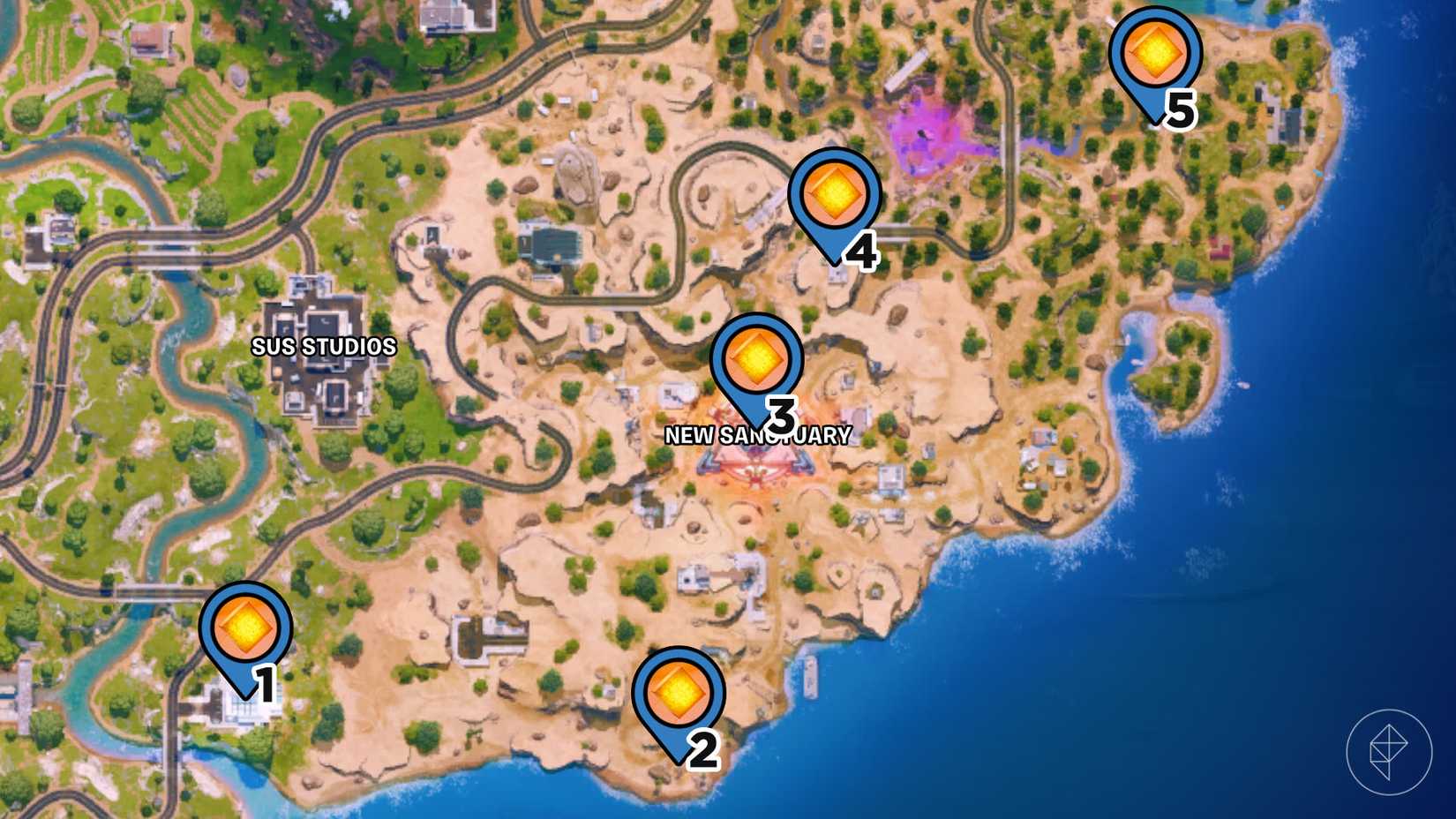 A map of New Sanctuary from Fortnite Chapter 7 Season 2 with the locations of the chaos cubes pinned.