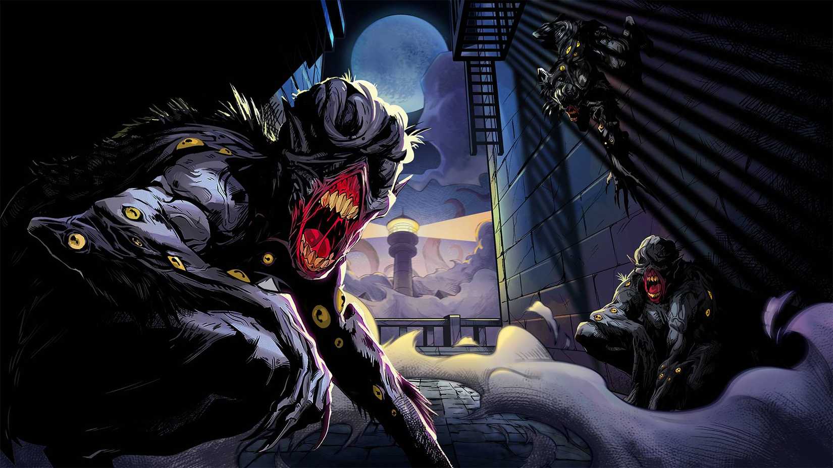 An illustration of two Wraith Hollows crouching in an alleyway in Nightholme.