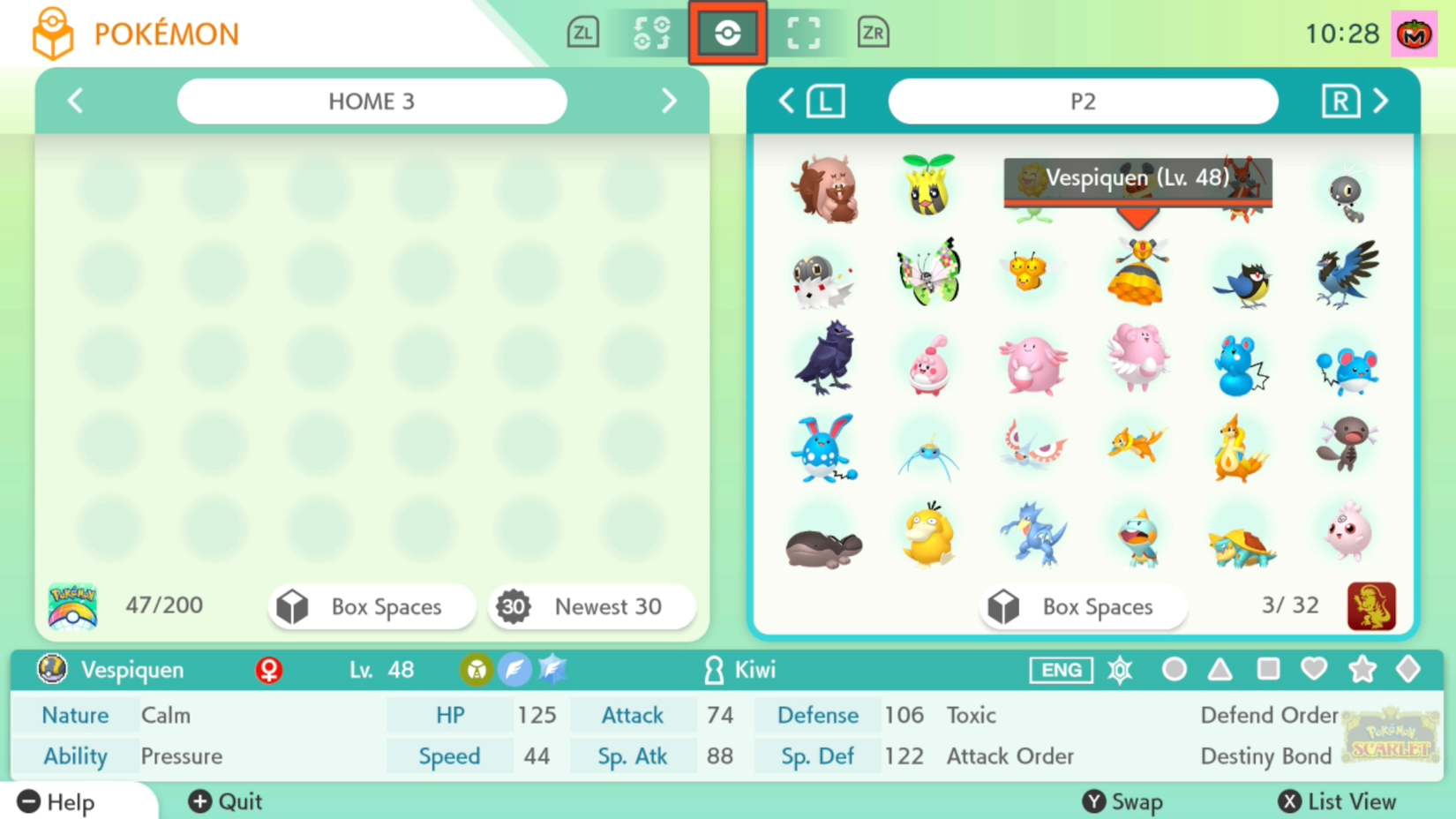 A box full of Pokémon from Pokémon Scarlet and an empty Pokémon Home box.