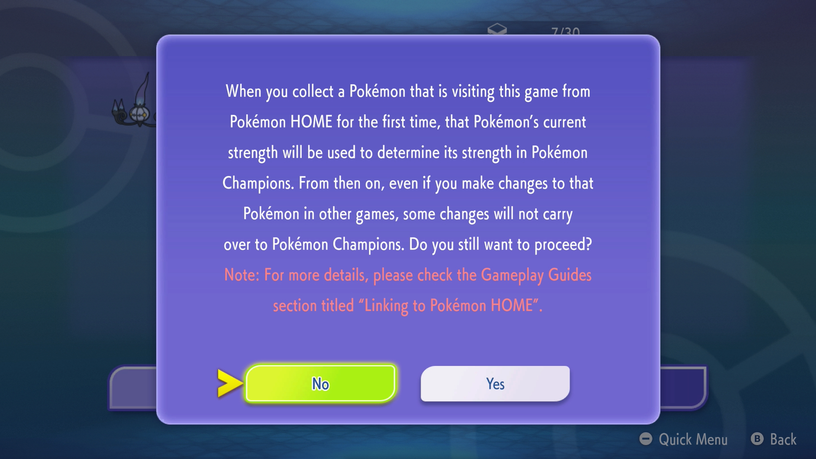 A menu screen in Pokémon Champions warning about stat changes for transferred Pokémon.