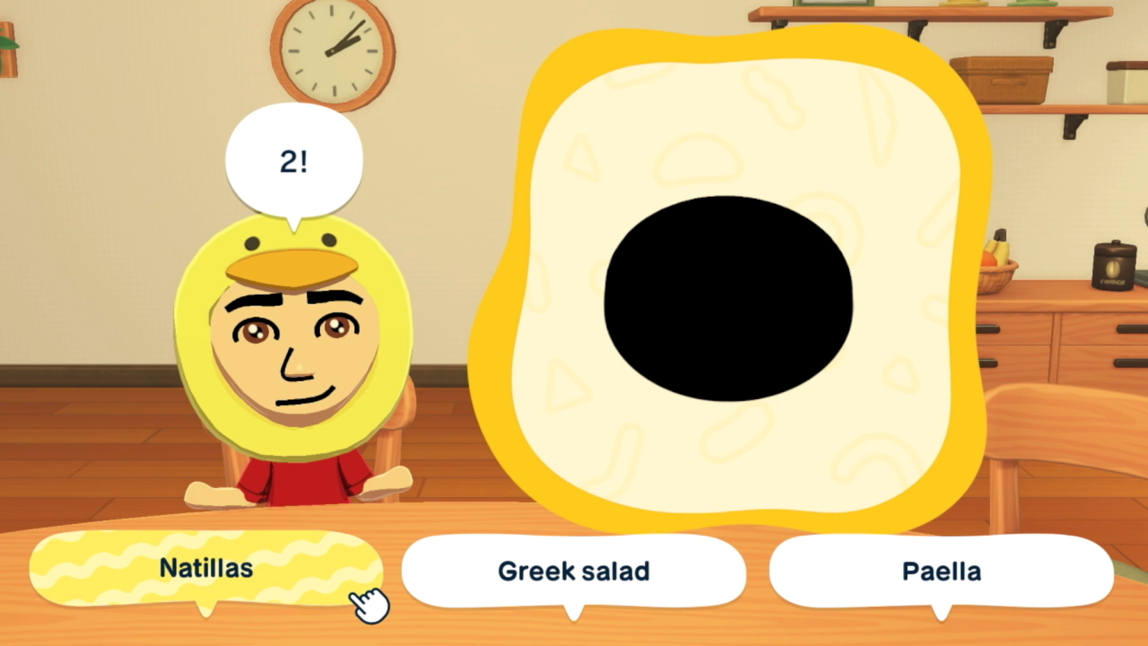 Un Mii con sombrero de gallina pregunta qué sombra es un círculo en Tomodachi Life: Living the Dream.