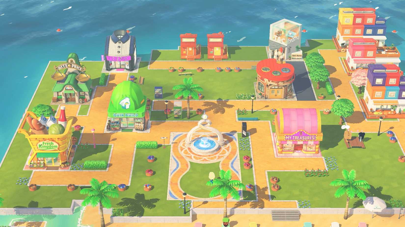 A Tomodachi Life: Living the Dream island with several buildings scattered around.