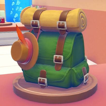 A green backpack with a yellow bed roll and feathered hat in Pokopia