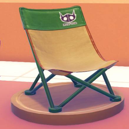 A yellow and green camping chair with a Sableye logo in Pokopia