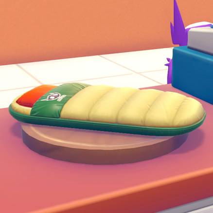 A green, red, and yellow sleeping bag with a Sableye logo on it in Pokopia