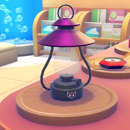 A purple lantern with a Sableye logo on it in Pokopia
