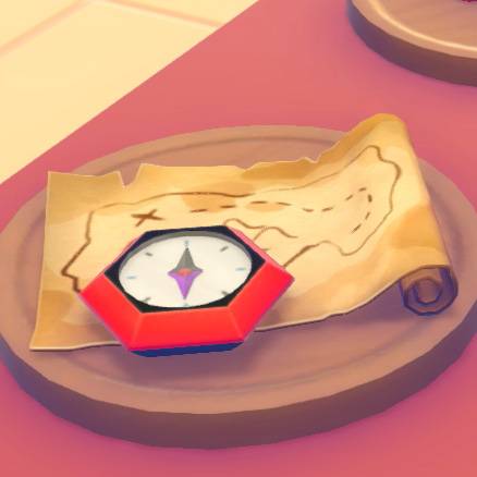 A red compass on a dirty old map in Pokopia