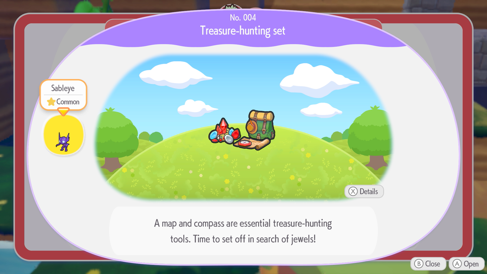 A habitat in Pokopia for Sableye, which features treasure-hunting equipment.