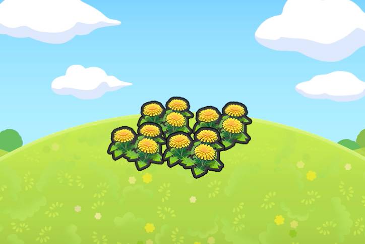 A 2x2 grid of yellow dandelion flowers in Pokopia.