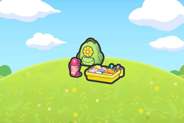 A flower backpack, water bottle, and lunchbox in Pokopia.
