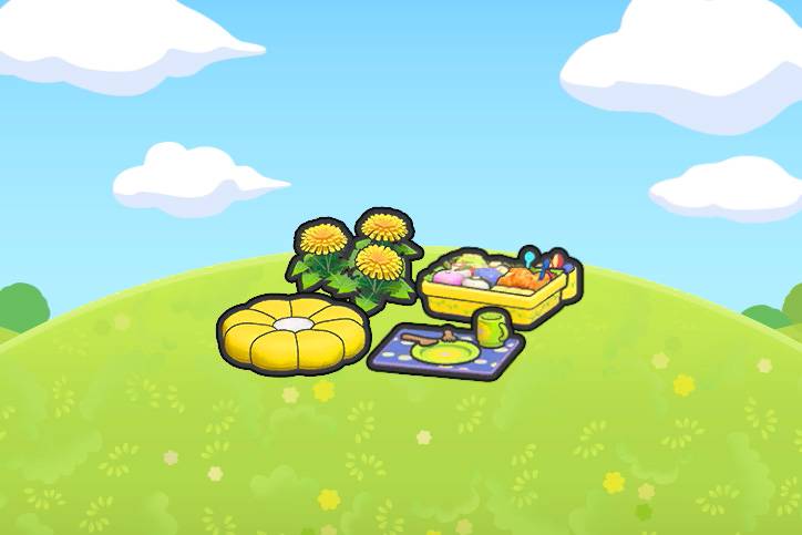 A picnic set with dandelions, a cushion, a lunch box, and a meal set in Pokopia.
