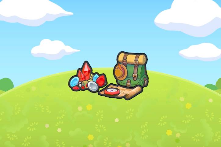 Some adventuring goods, including a backpack, treasure map, and treasure in Pokopia.