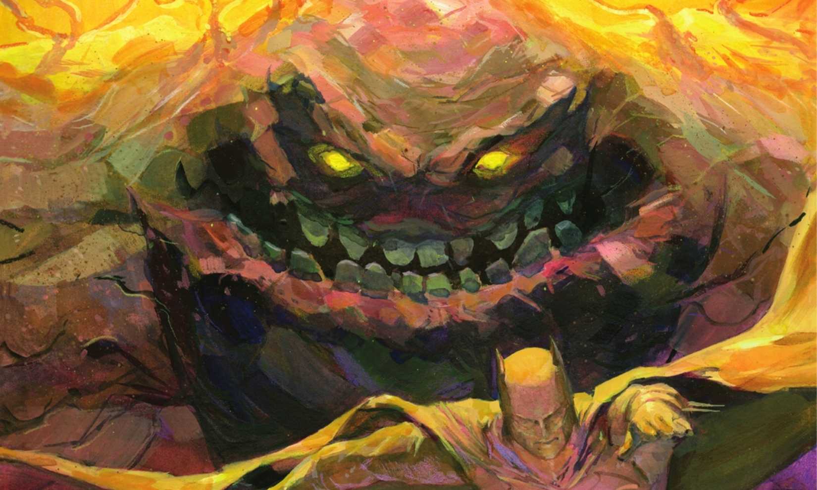 A looming, terrifying Clayface grimacing at a clay Batman creation, art by Xermanico