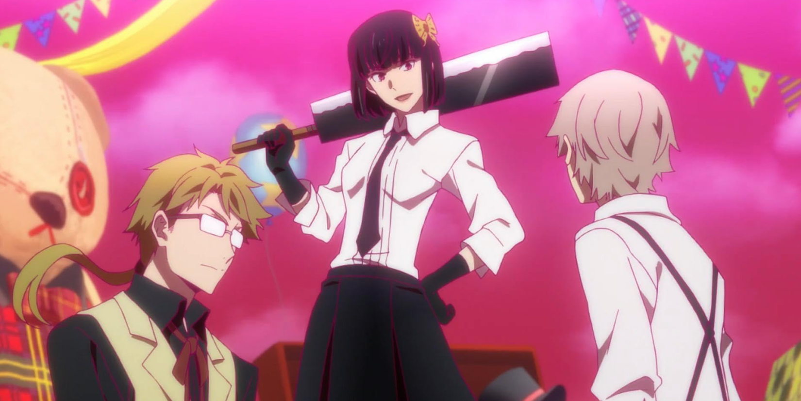 Three colleagues, Kunikida, Atsushi, and Yosano talk in a bright pink room in Bungo Stray Dogs 