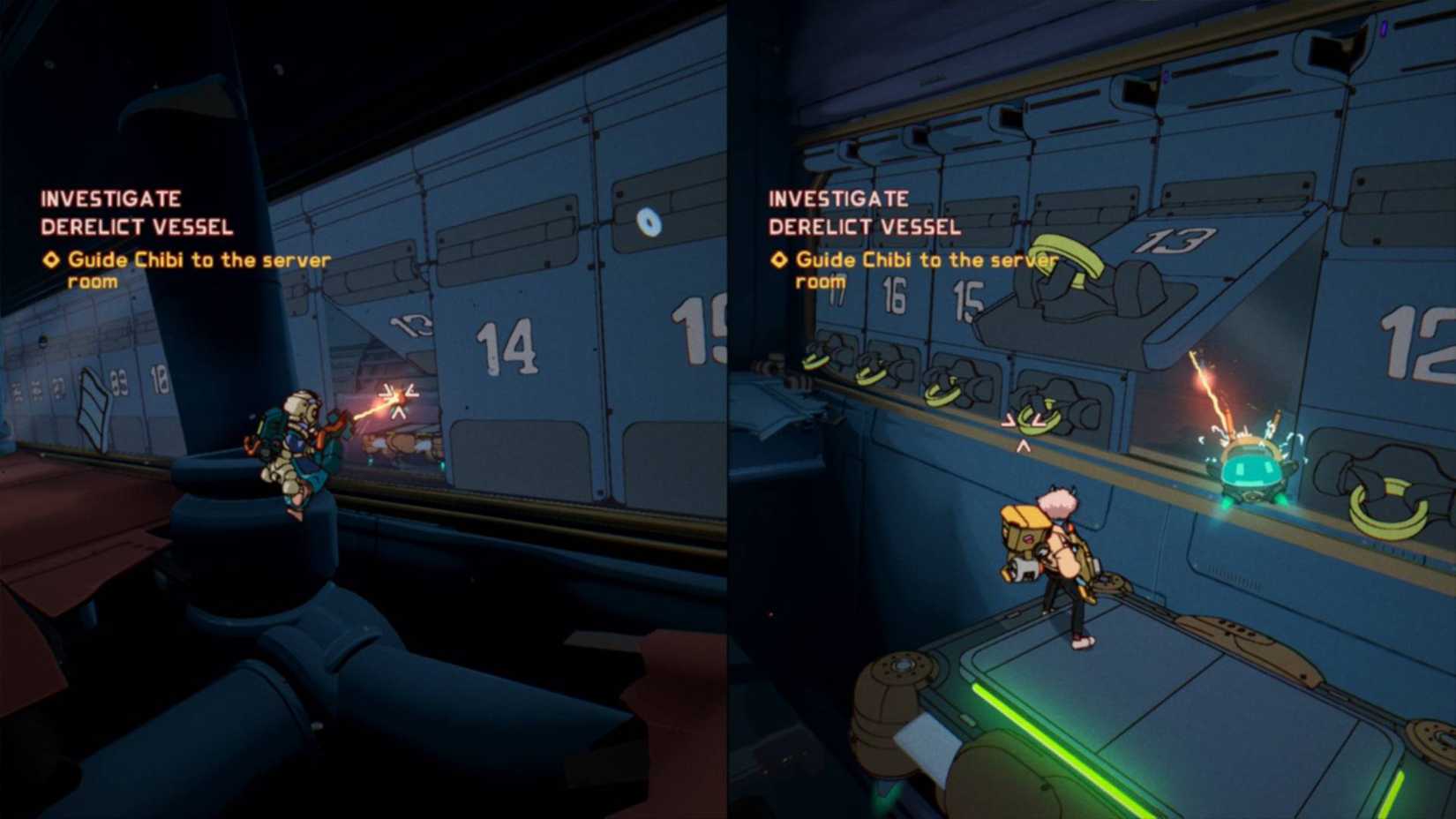 One player in Orbitals is firing a laser to charge Chibi while the other player opens panels on the side of a big spaceship.