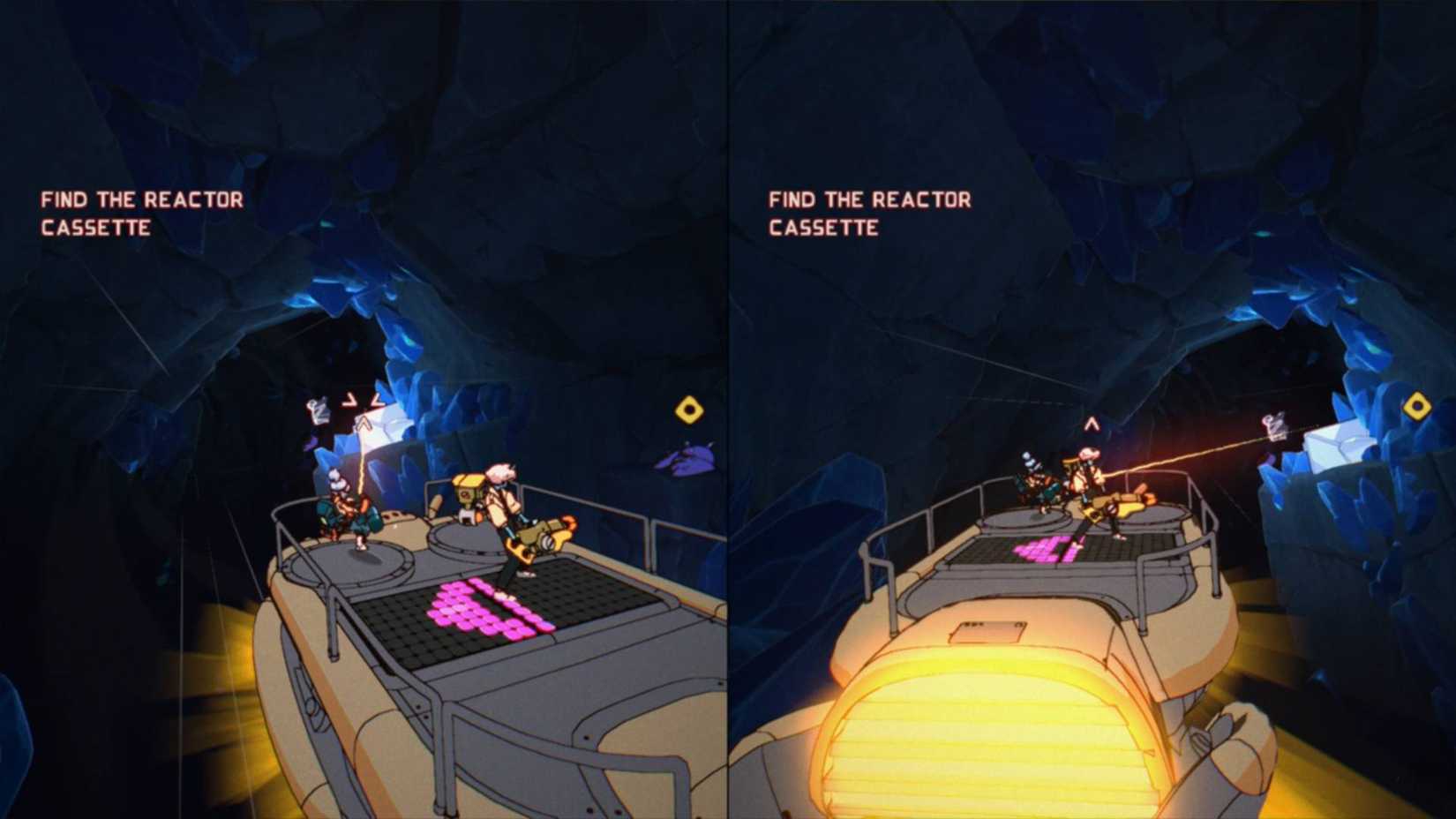 Both players in Orbitals standing on a ship that moves based on where the characters are placed.