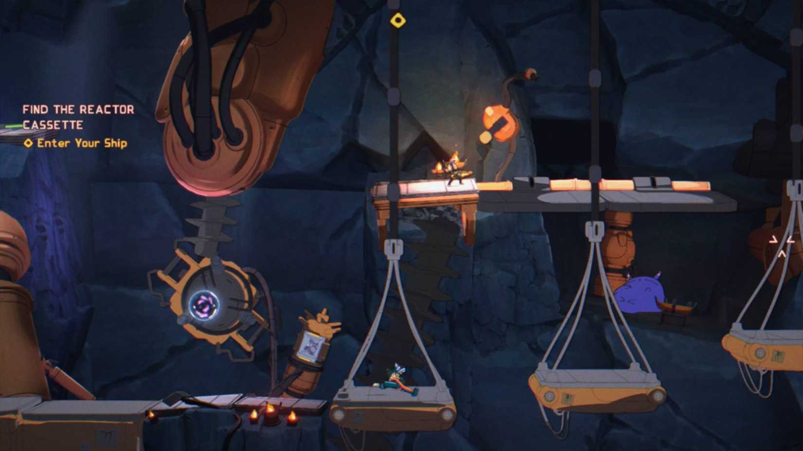 A 2D view of Orbitals where one player is running in the background and the other in the foreground to navigate obstacles.