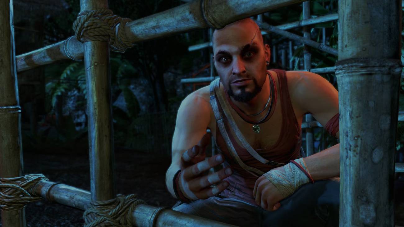 Vaas reaches a hand toward the player in Far Cry 3