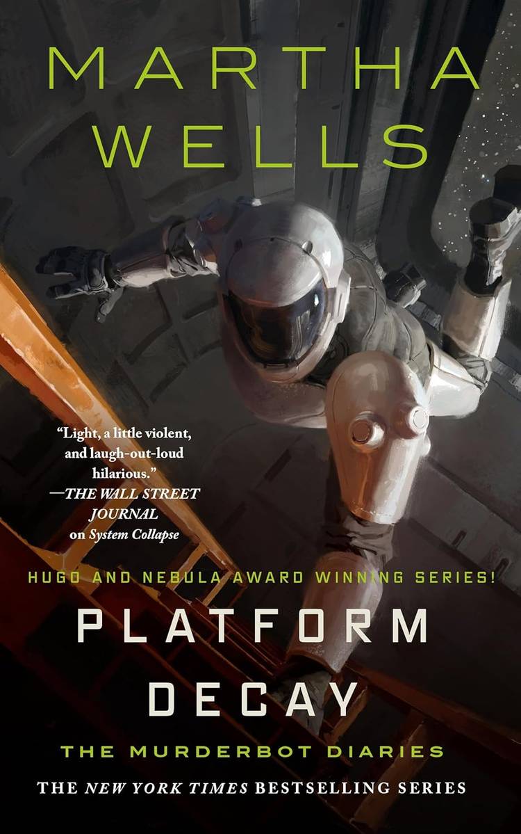 The cover of Martha Wells' book Platform Decay, showing a humanoid android in a white spacesuit leaping toward a bright orange ladder in zero-G