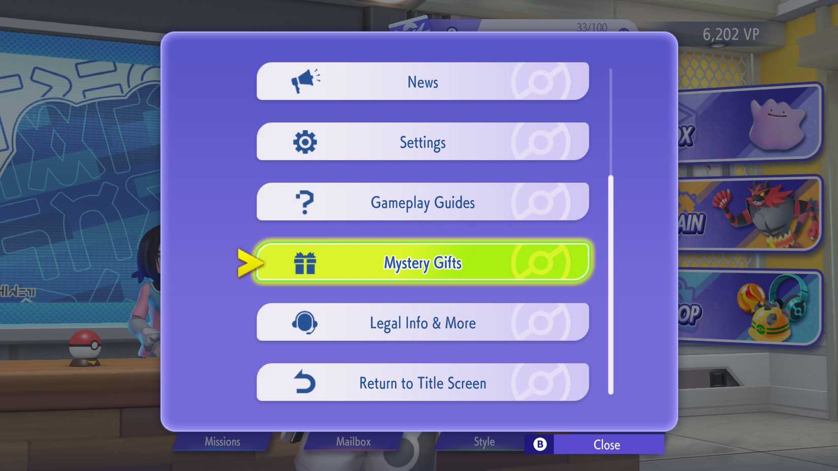 The Mystery Gift menu in Pokemon Champions