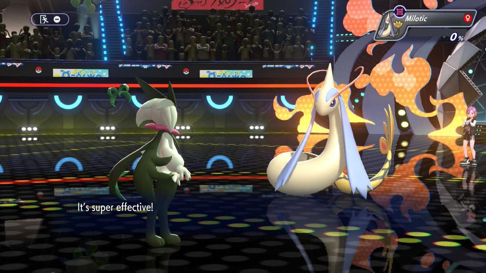 A shiny Milotic fighting against Meowscarada in Pokemon Champions.