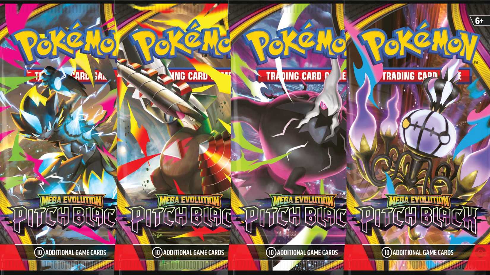 The four booster wraps for the Pokemon TCG Mega Evolution Pitch Black expansion overlaid in one image.