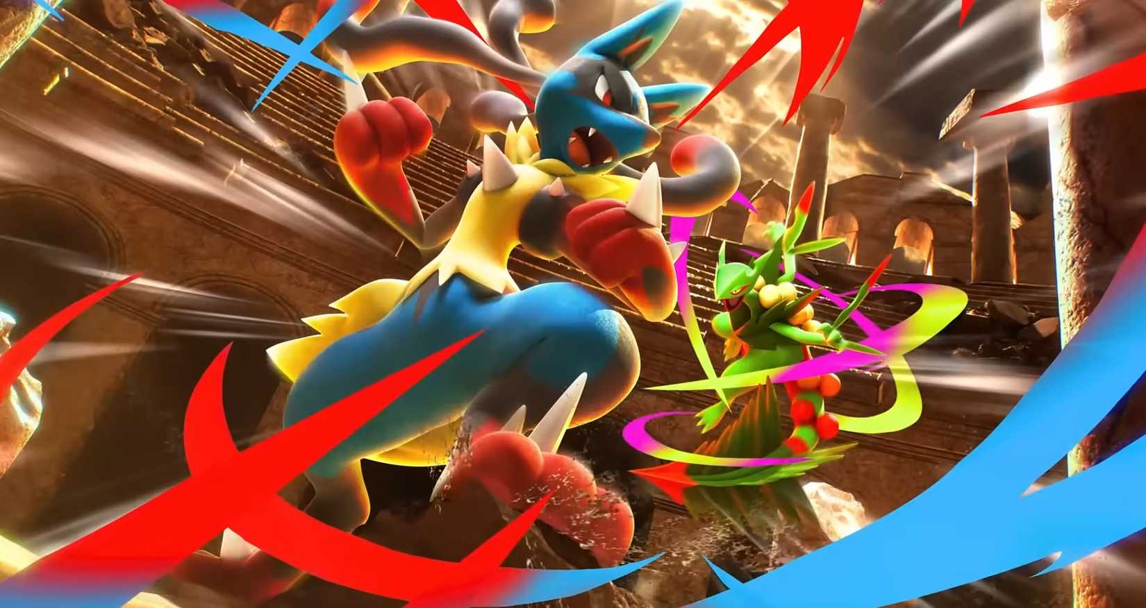 Lucario battles Sceptile in Pokémon Trading Card Game Pocket art.