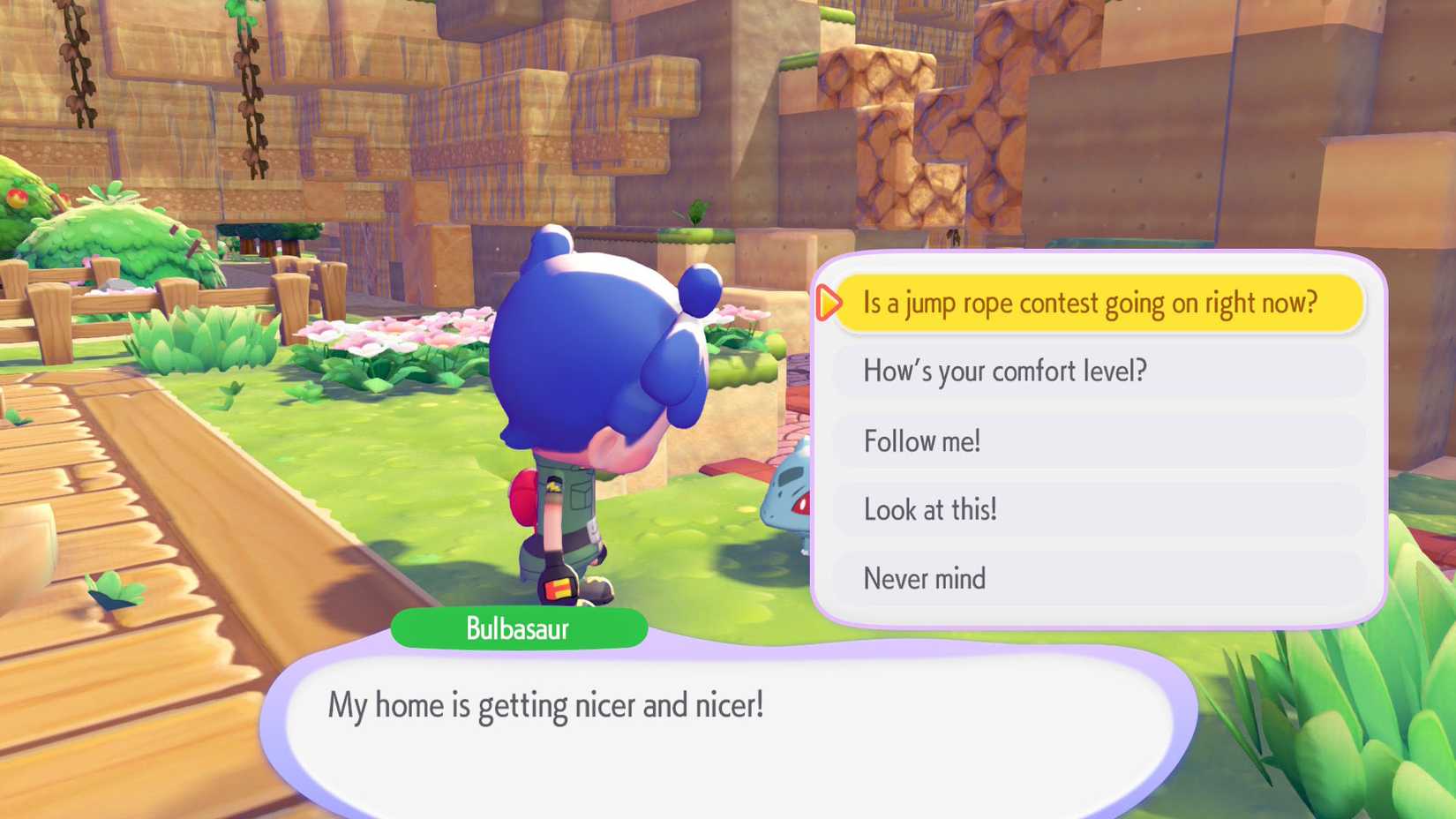 A Pokémon Pokopia screenshot showing Ditto talking to Bulbasaur to start the jump rope contest