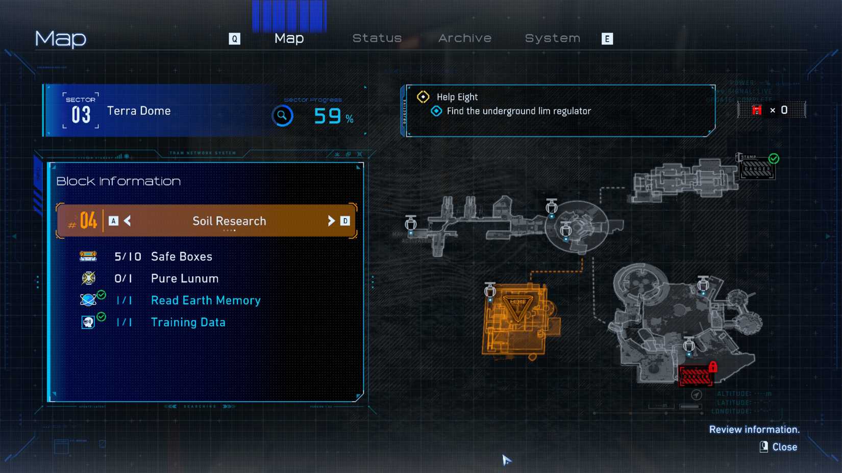 A map image in Pragmata showing collectibles, including training data