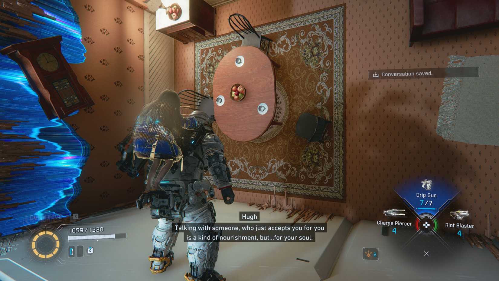 Hugh in Pragmata telling Diana: "Talking with someone who just accepts you for you is a kind of nourishment, but for your soul"