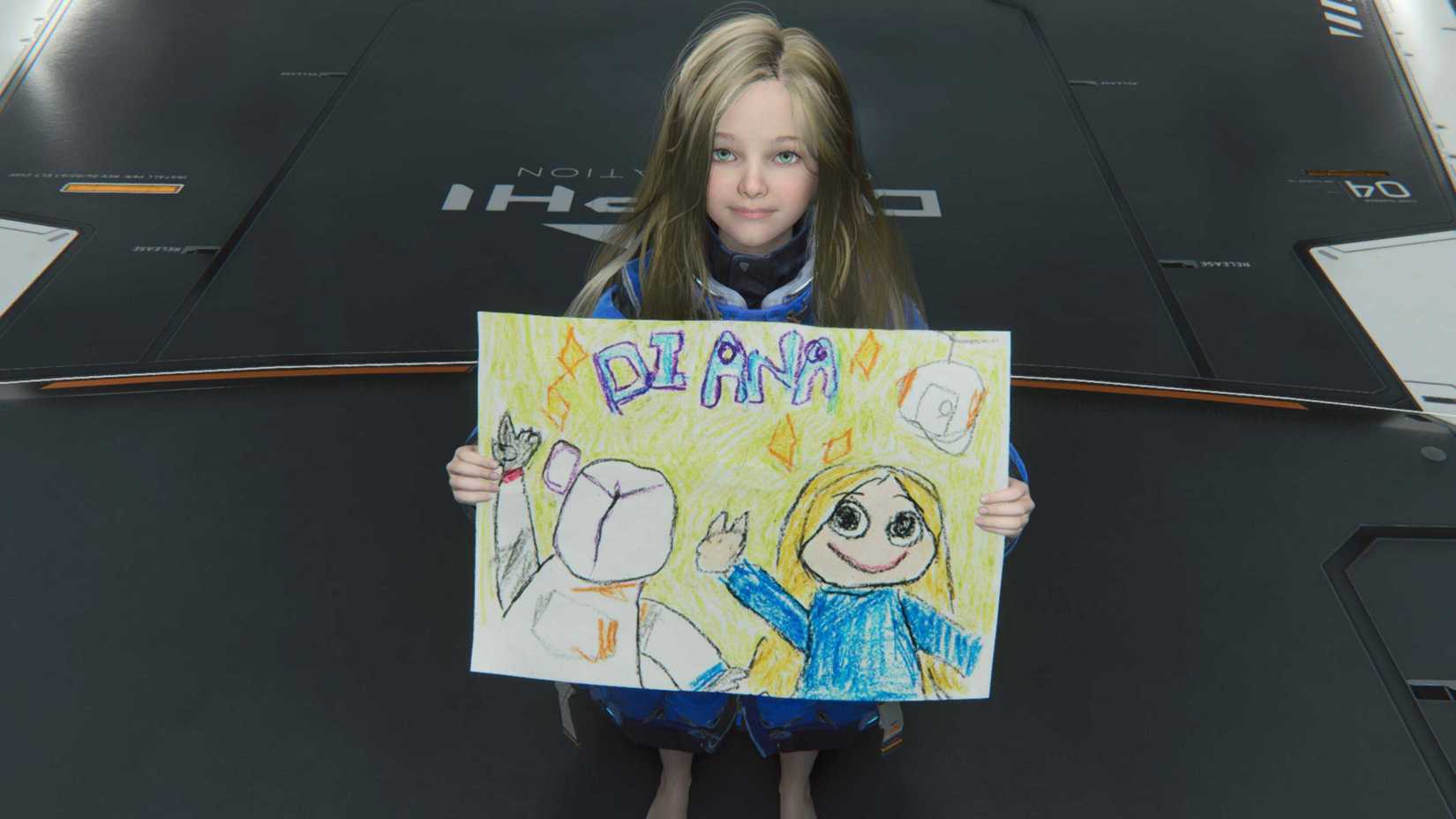 Android Diana holding up a drawing depicting her and Astronaut Hugh in a screenshot from Pragmata