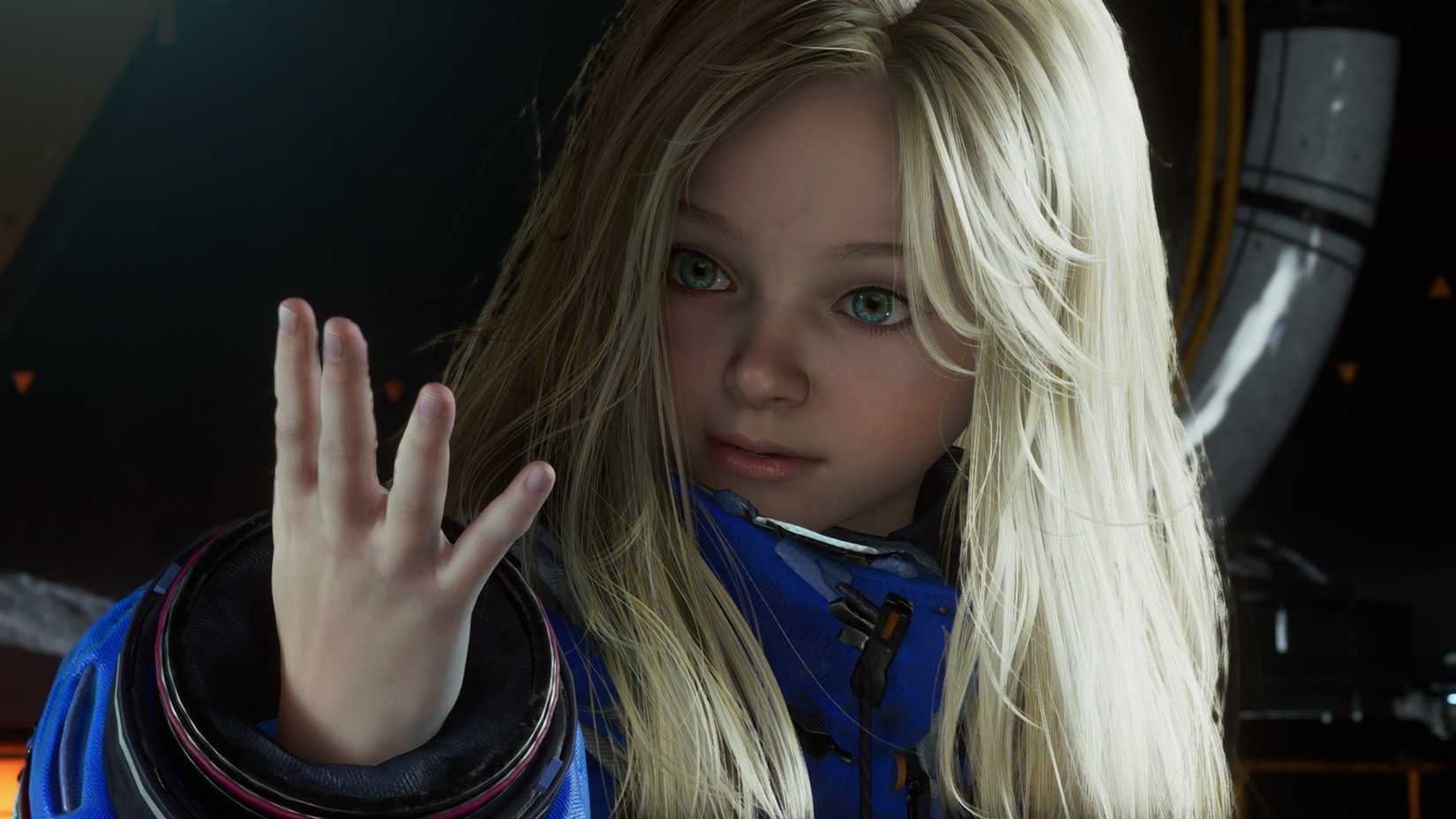 Diana looks at her hand in Pragmata.