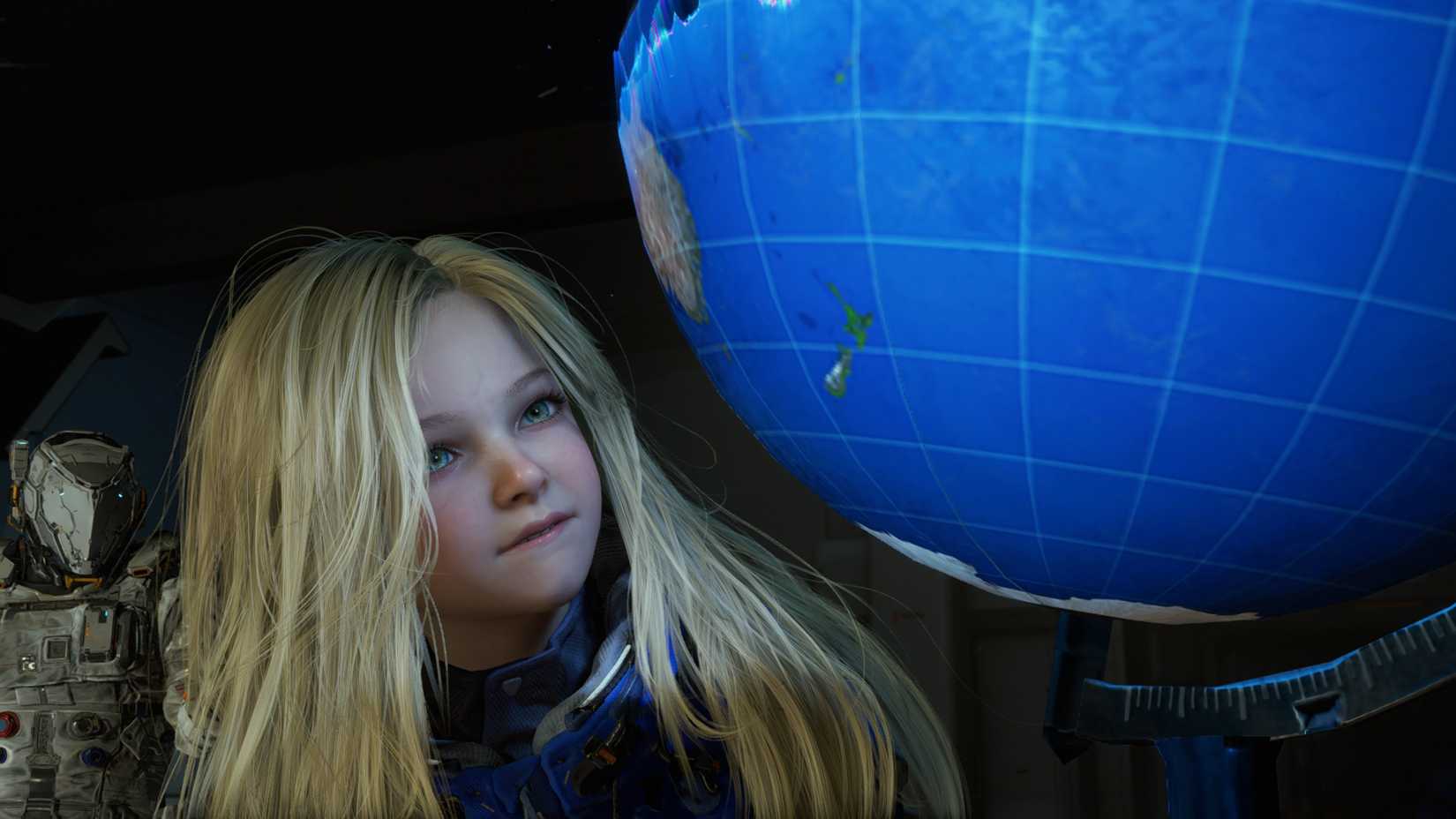 Diana stares at a globe in Pragmata.