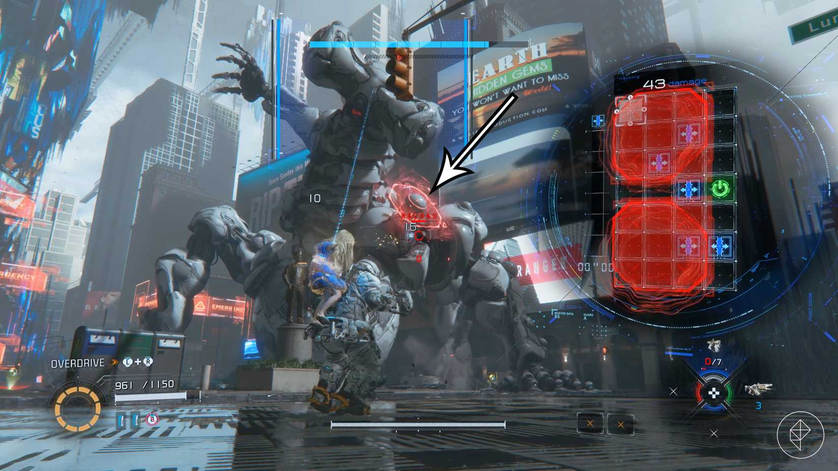An arrow points to a red shield on the Gigantic Bot in Pragmata.