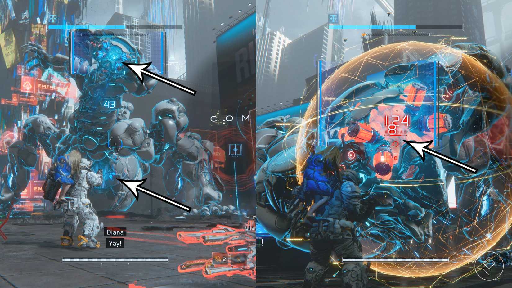Arrows point to the Gigantic Bot's weak spots in Pragmata.