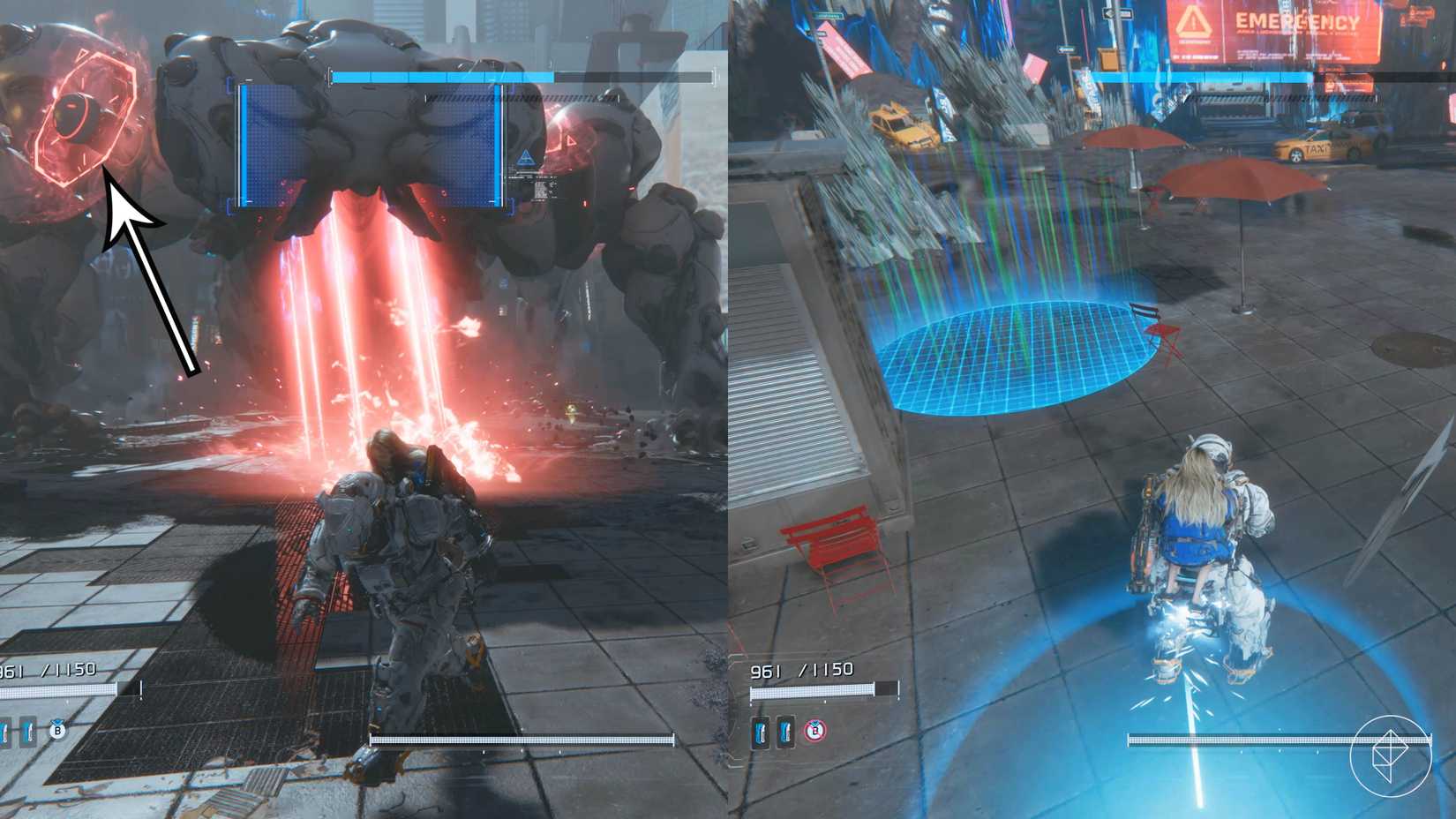 The Gigantic Bot boss uses a red laser attack and a blue damage field attack in Pragmata.