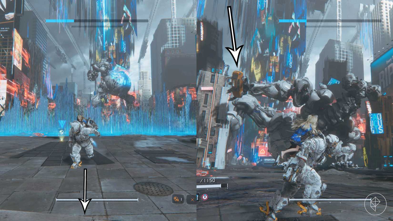 The Gigantic Bot uses a blue area of effect attack and throws a car in Pragmata.