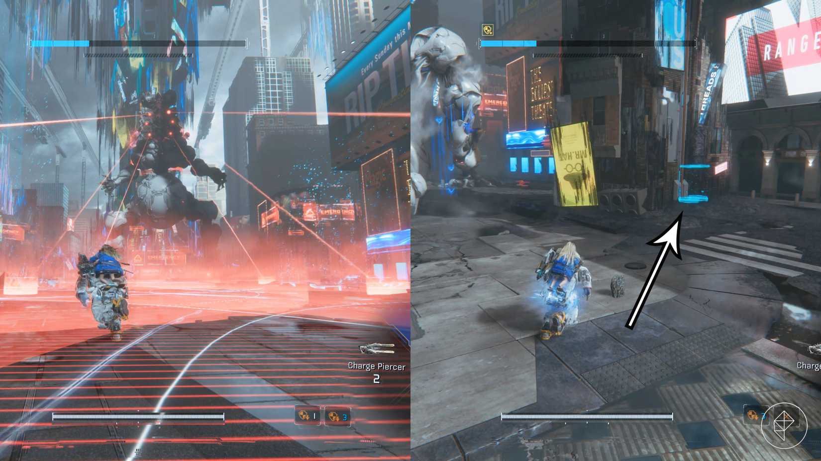 Pragmata's Gigantic Bot boss uses a red area-of-effect attack on the left, and an arrow points to the only safe spot for this attack on the right.