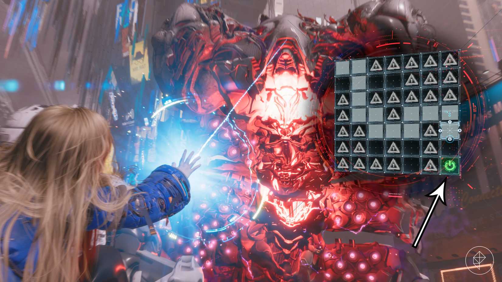 This picture shows the final hacking screen in the Pragmata Gigantic Bot battle.