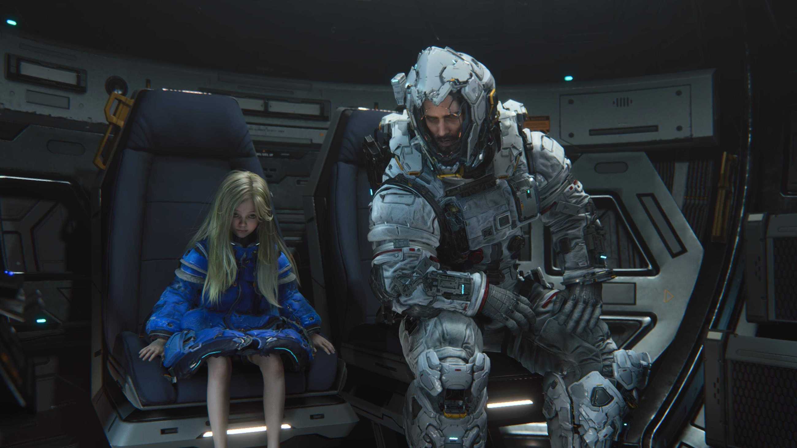 Astronaut Hugh and android Diana sitting in a shuttle in a screenshot from Pragmata