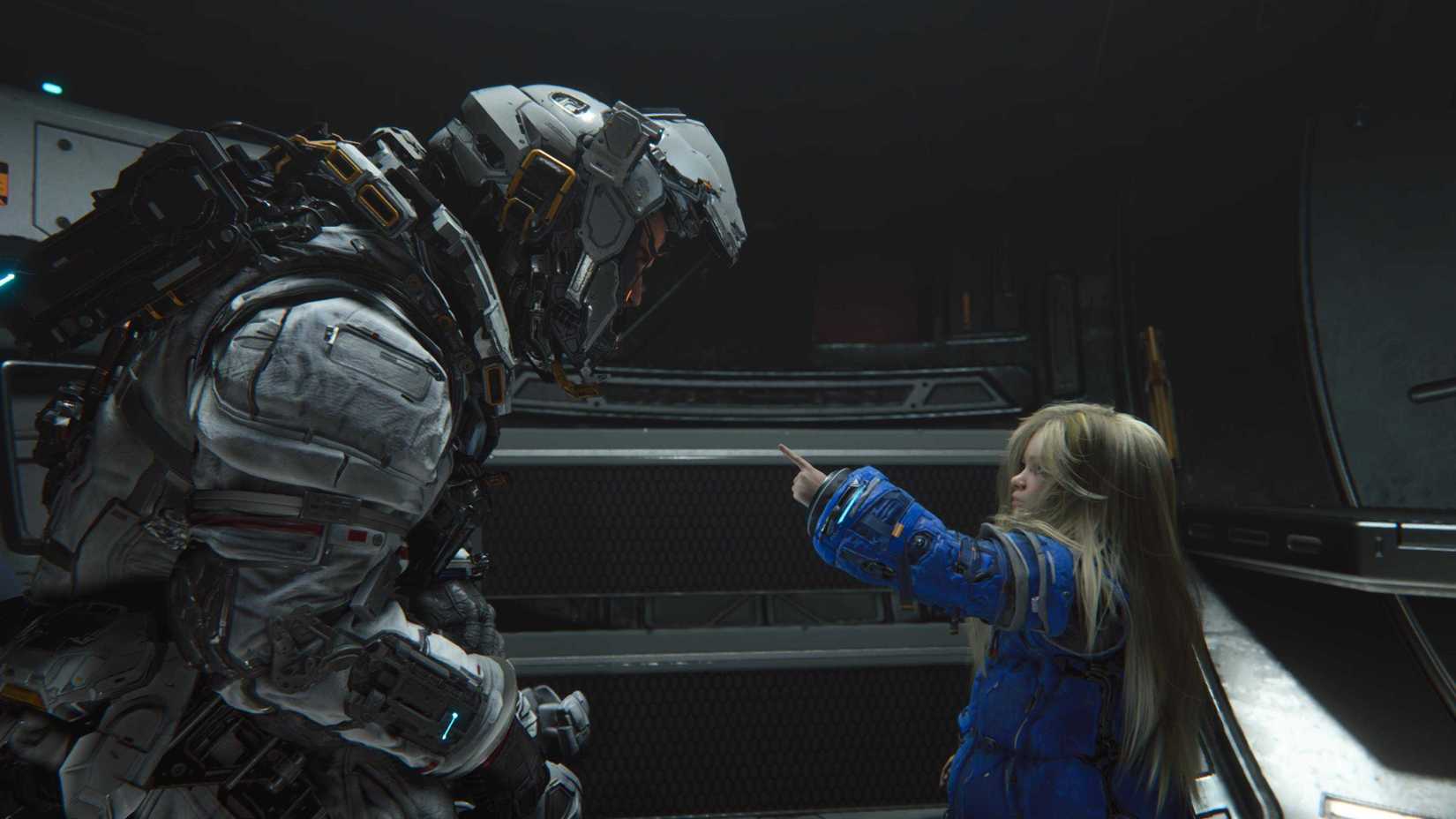 Astronaut Hugh and android Diana talking with each other in a screenshot from Pragmata