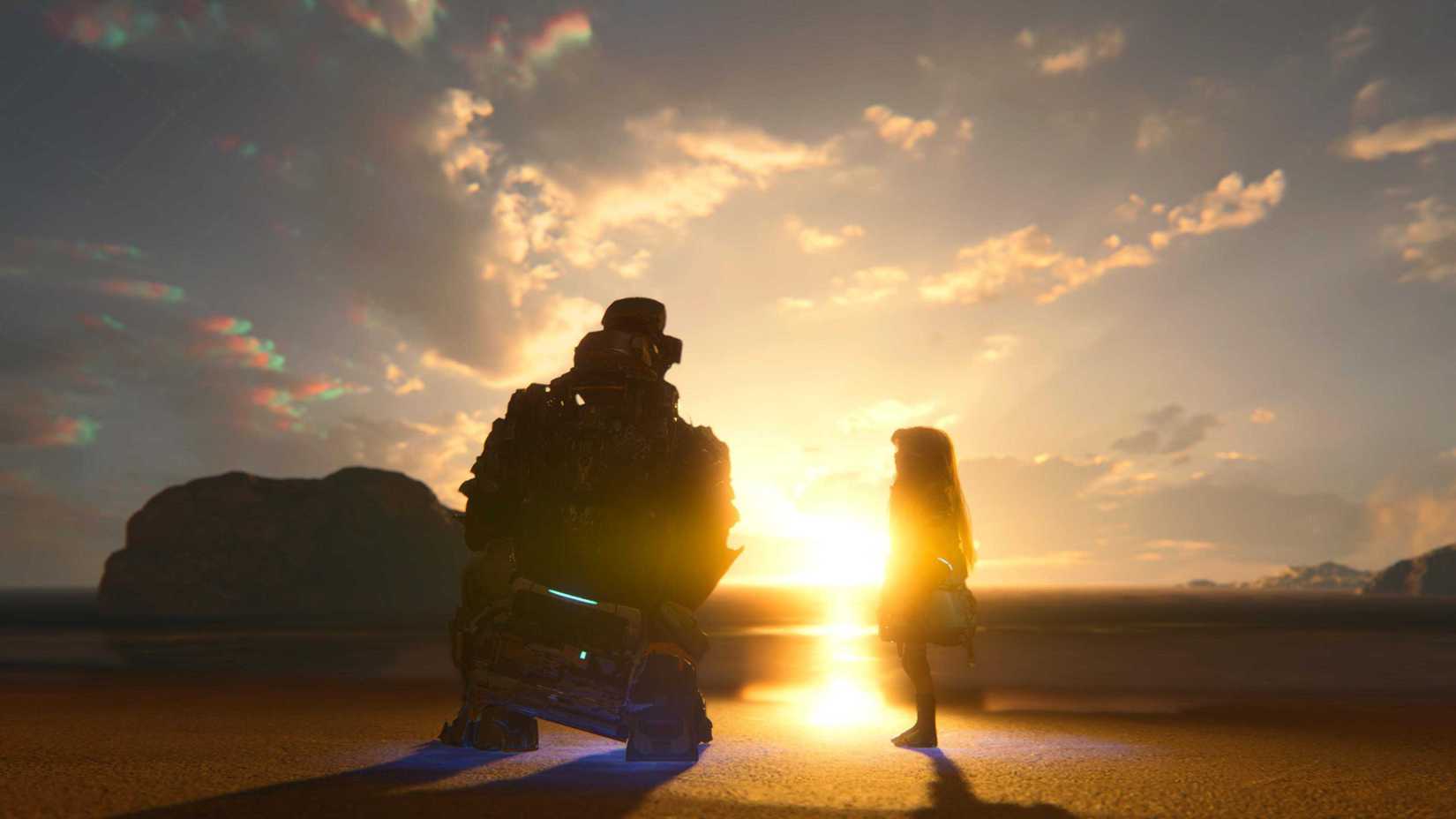 Astronaut Hugh and android Diana at a beach with a sunset in the background in a screenshot from Pragmata