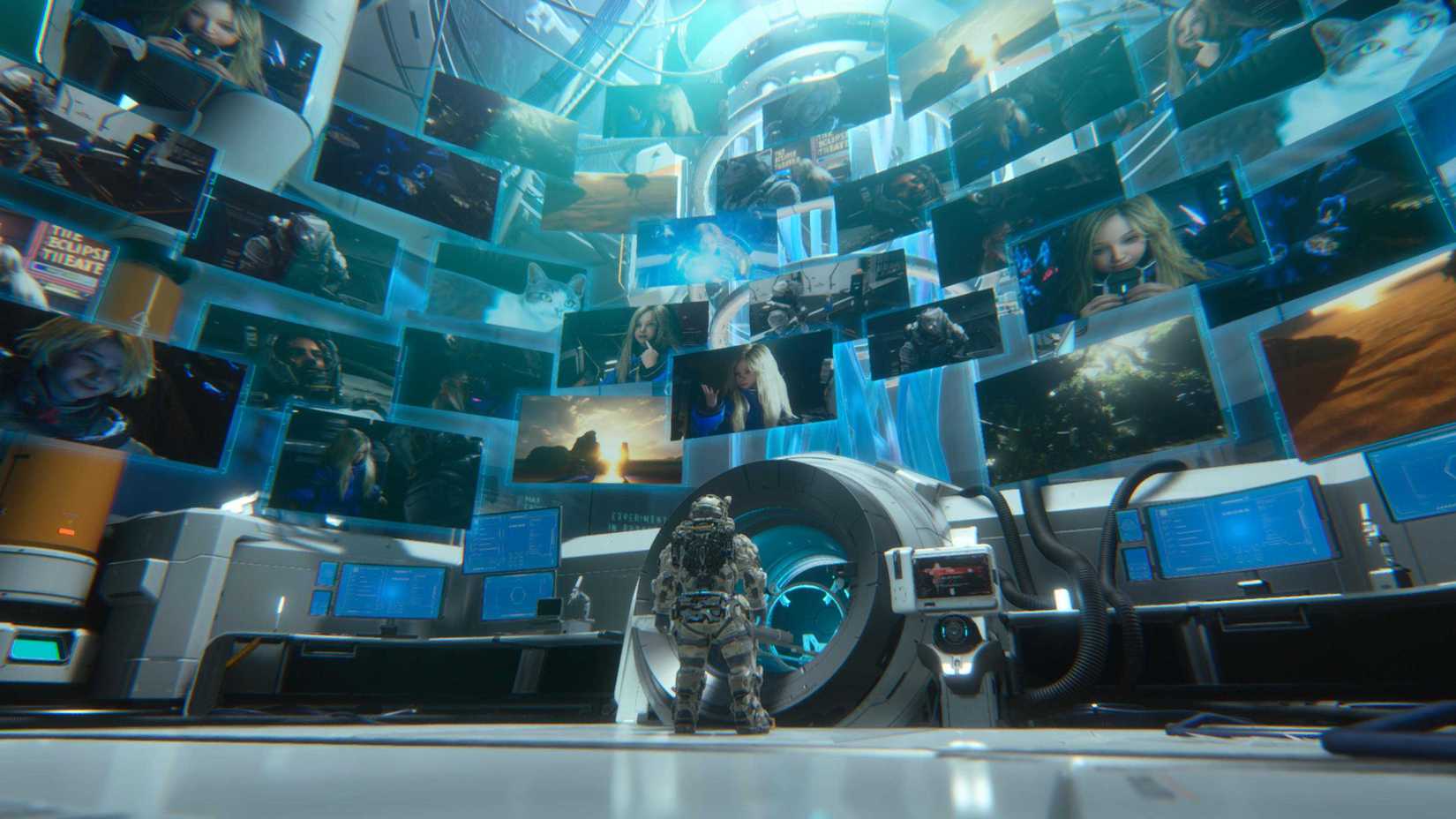 Astronaut Hugh looking at all the memories of android Diana in a screenshot from Pragmata