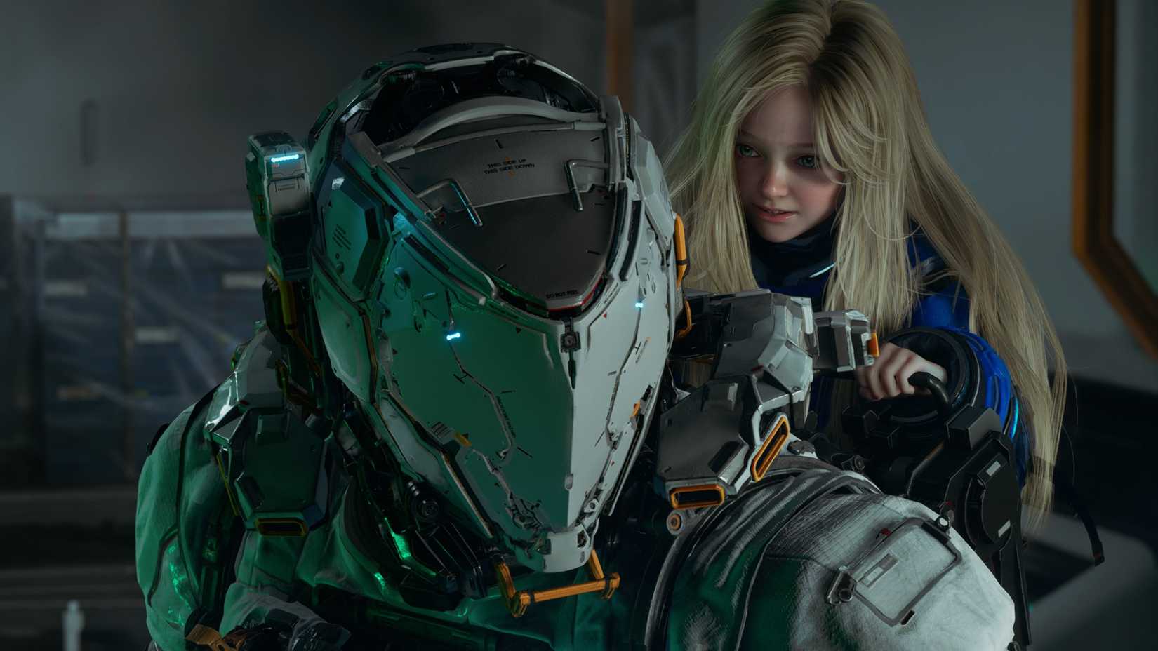 Diana stands on Hugh's back in Pragmata.