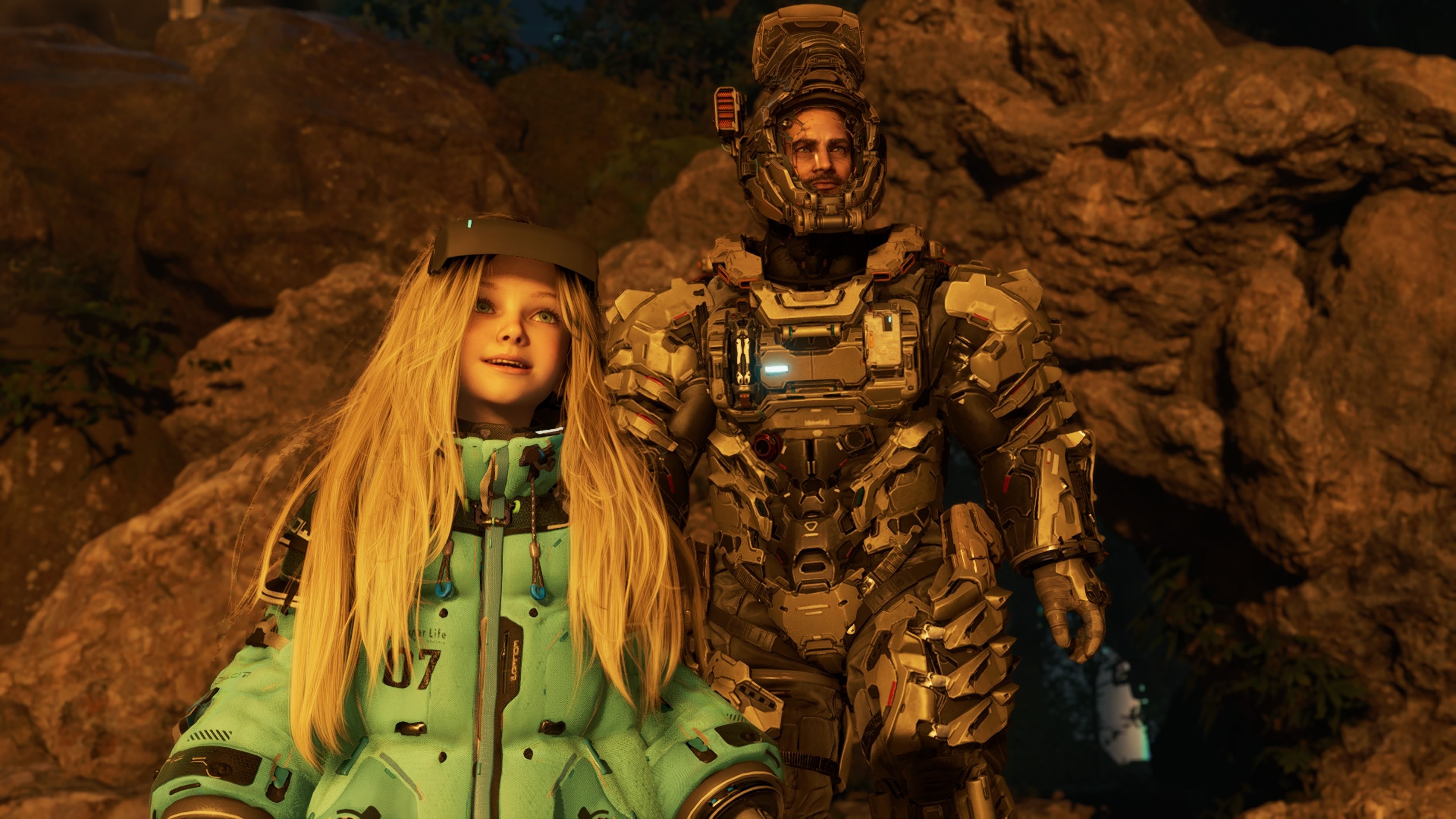 Hugh and Diana standing together on a lunar landscape in Pragmata.