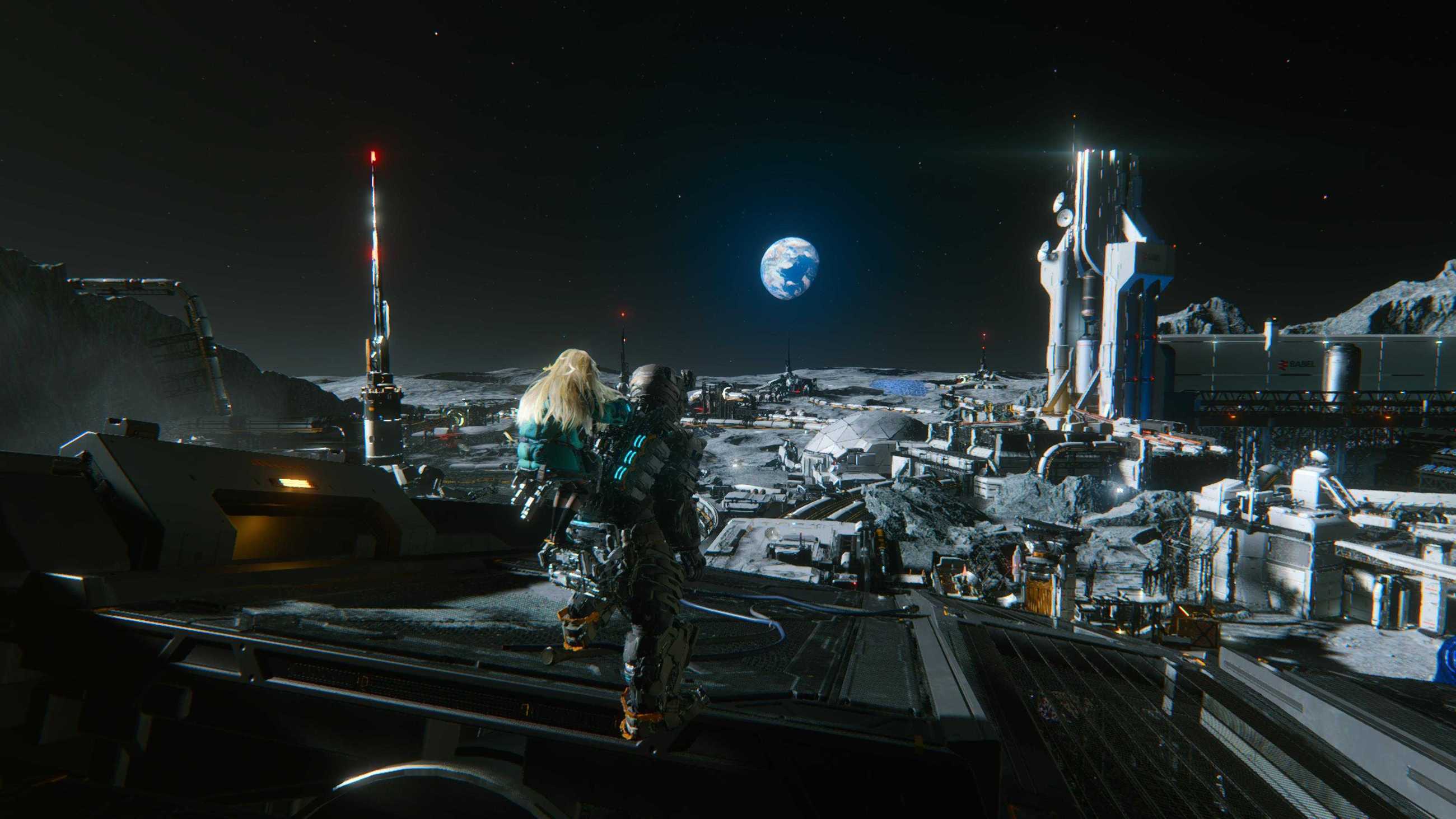 Astronaut Hugh and android Diana on the surface of the moon in a screenshot from Pragmata